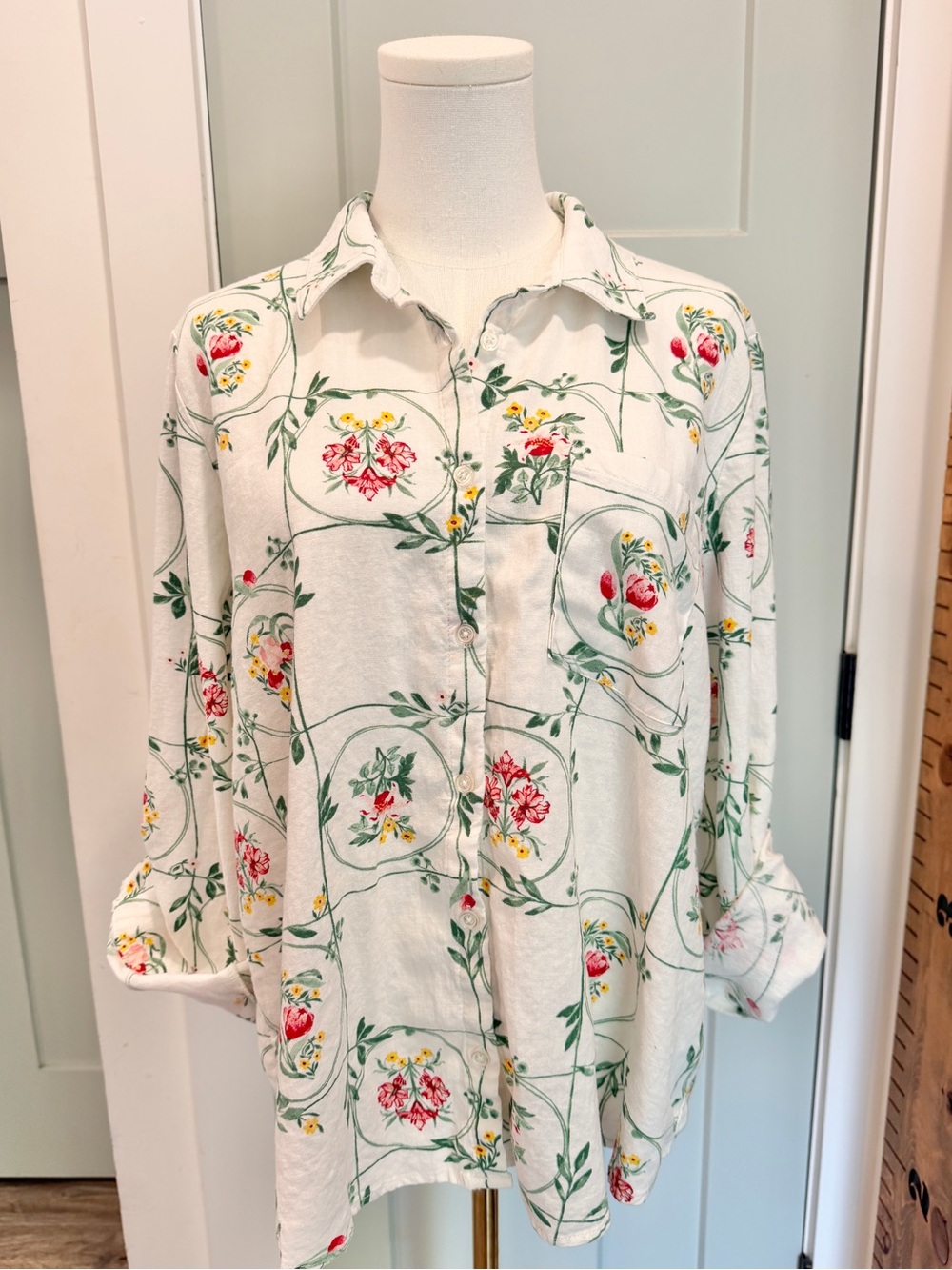 CATO Trellis Botanical Button Front Shirt Rayon Linen Floral  XL